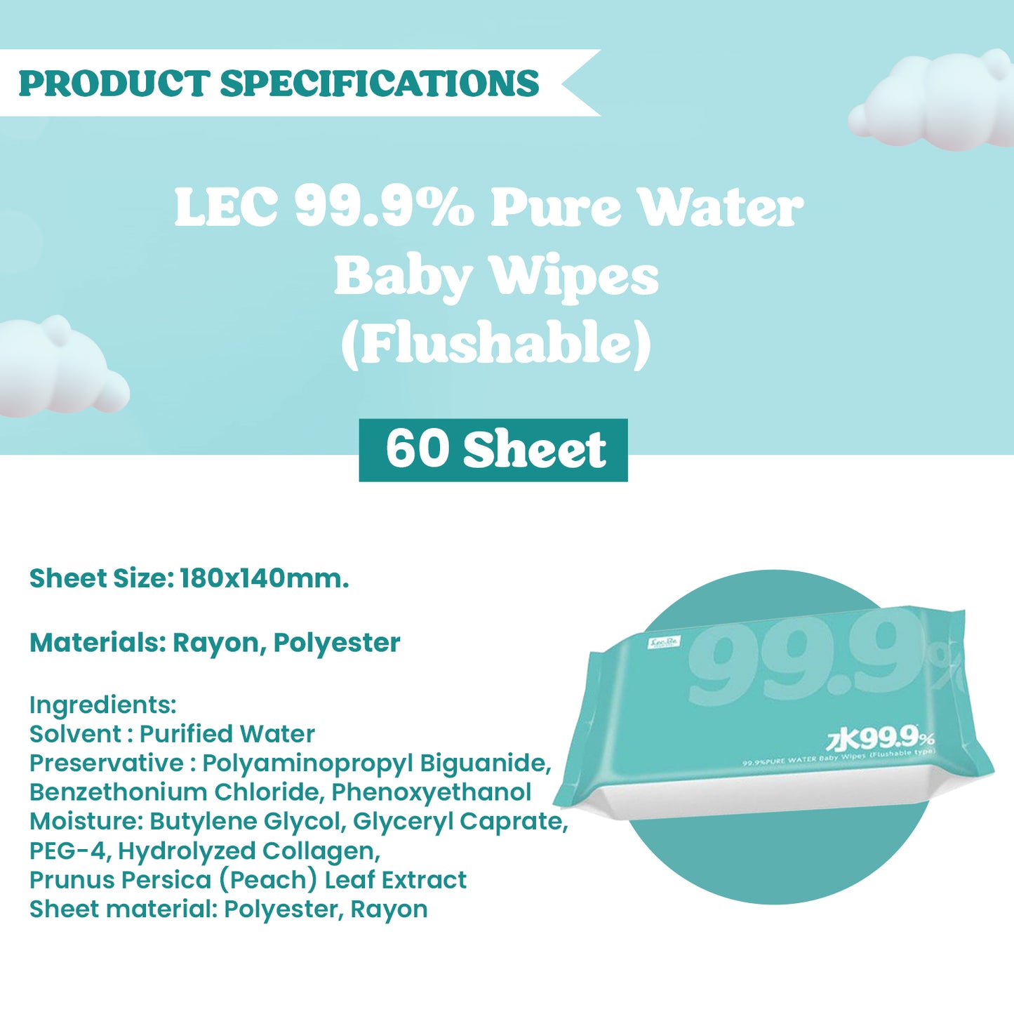 LEC 99.9-Percent Pure Water Baby Wipes (Flushable) 60 Sheet 2 PCS Bundle